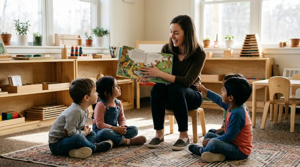Educadora utilizando cuentos para introducir el inglés de forma natural
